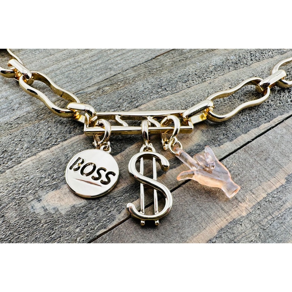 NEW Open‎ Edit Gold Tone Chunky Chain Link BOSS Charm Adjustable 17-19" Necklace